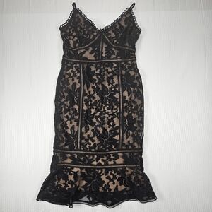 Lulus Black Lace Midi Dress Nude Lined Bodycon Ruffle Hem Size L